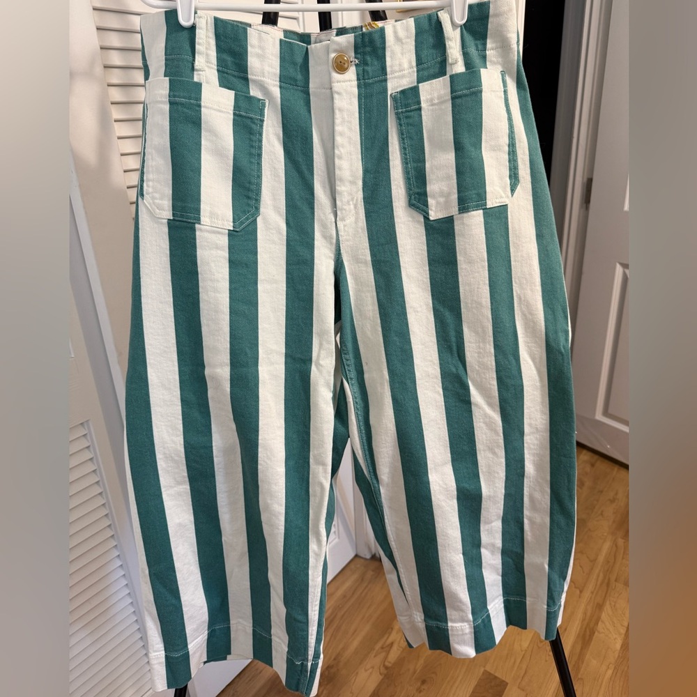 Maeve Green and White Striped Wide Leg Jeans